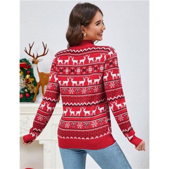 Women's Ugly Christmas Sweater Mock Turtleneck Zip Pullover - Picture 3 of 6